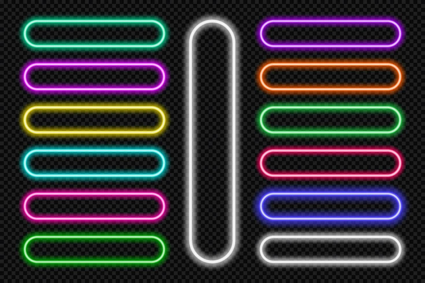 Neon button frames pill set. Glowing coloful rounded rectangle border. Geometric shape action UI elements with copy space. Purple, blue, pink, yellow, green, red color text boxes. Vector illustration.
