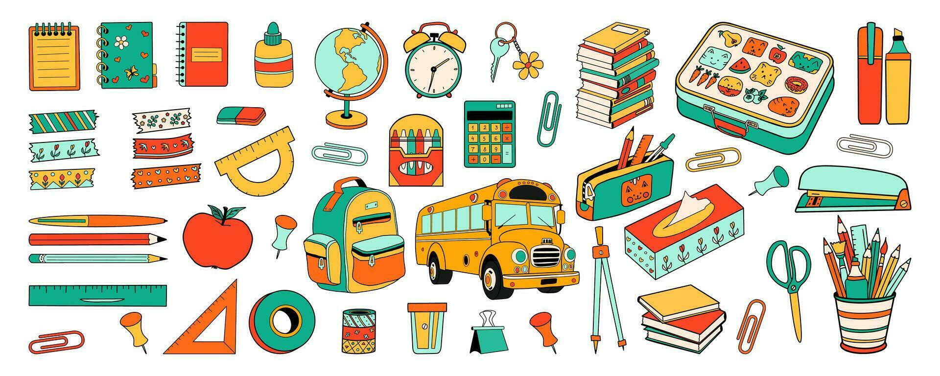 grande conjunto de colegio papelería suministros. espalda a colegio educación dibujos animados colección en garabatear retro estilo. negrita brillante bolsa, autobús, libro, globo. vector ilustración aislado en blanco antecedentes.