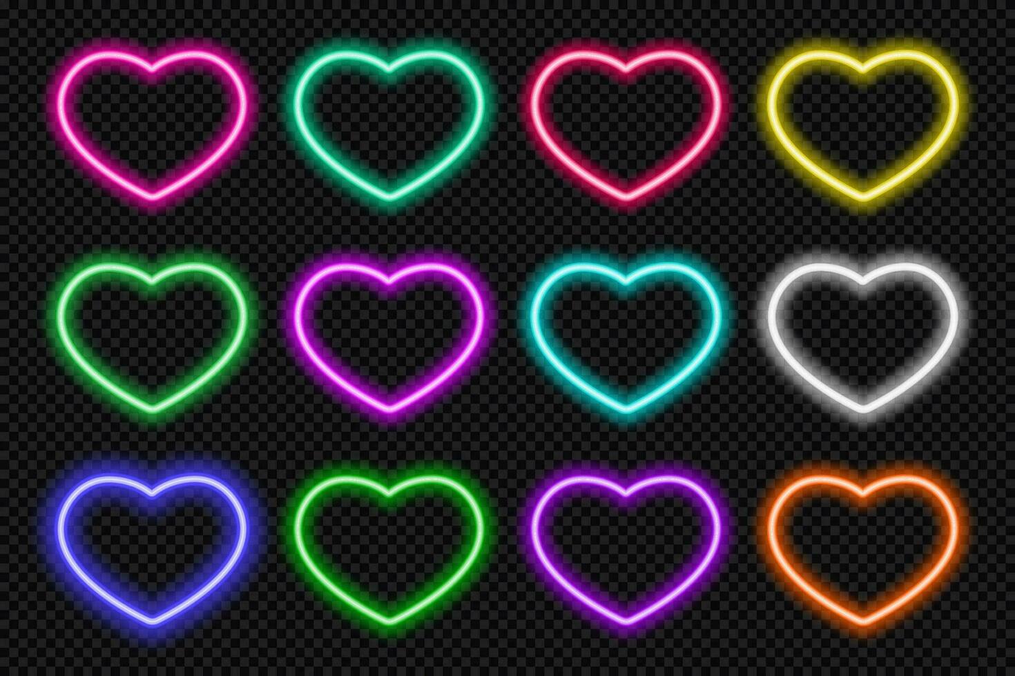 neón corazón icono colocar. brillante coloful enamorado corazones forma borde. geométrico forma acción ui elementos con Copiar espacio. púrpura, azul, rosa, amarillo, verde, rojo color texto caja. vector ilustración.