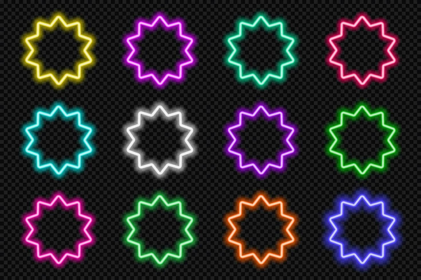 Neon round scallop border frames set. Glowing coloful flower button. Geometric shape action UI elements with copy space. Purple, blue, pink, yellow, green, red color text box. Vector illustration.