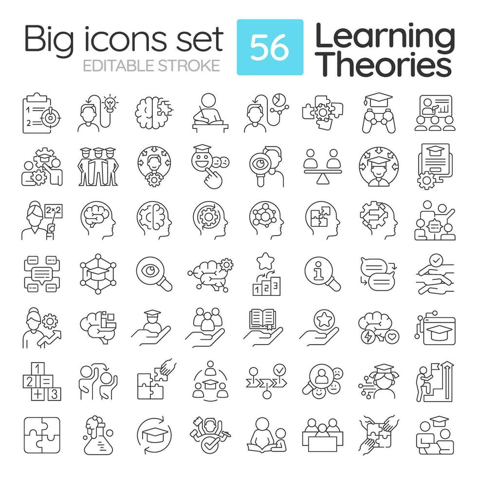 2D editable black big thin line icons set representing learning theories, isolated simple vector, linear illustration. vector