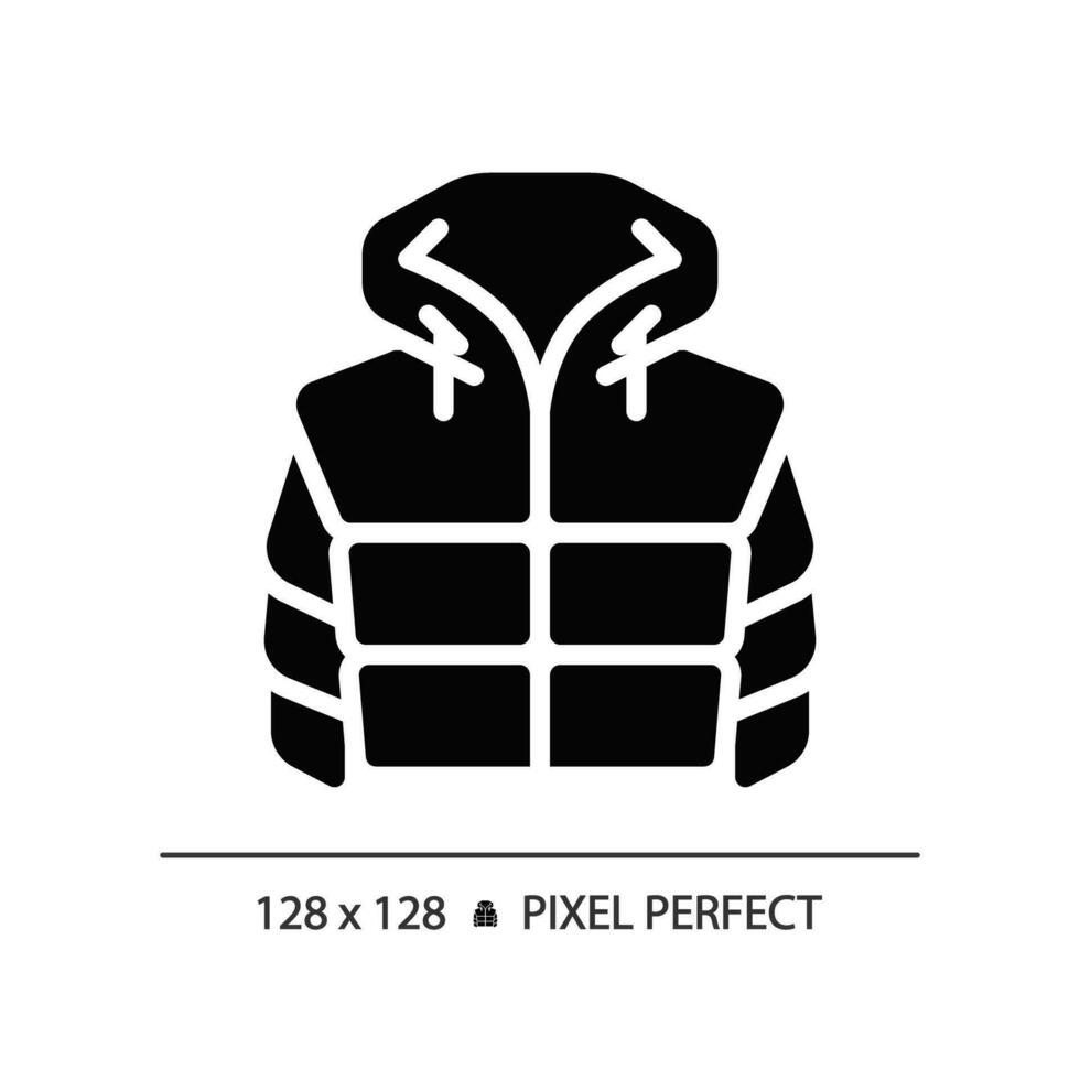 2d píxel Perfecto glifo estilo acolchado chaqueta icono, aislado vector, excursionismo engranaje silueta ilustración. vector