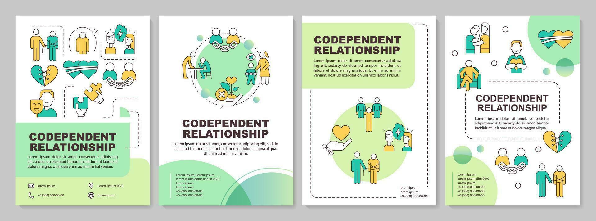 Green codependent relationship brochure template, leaflet design with thin linear icons, 4 vector layouts.