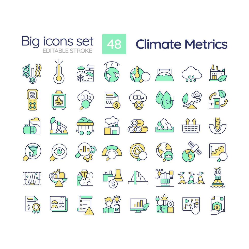 Editable multicolor big line icons set representing climate metrics, isolated vector, linear illustration. vector