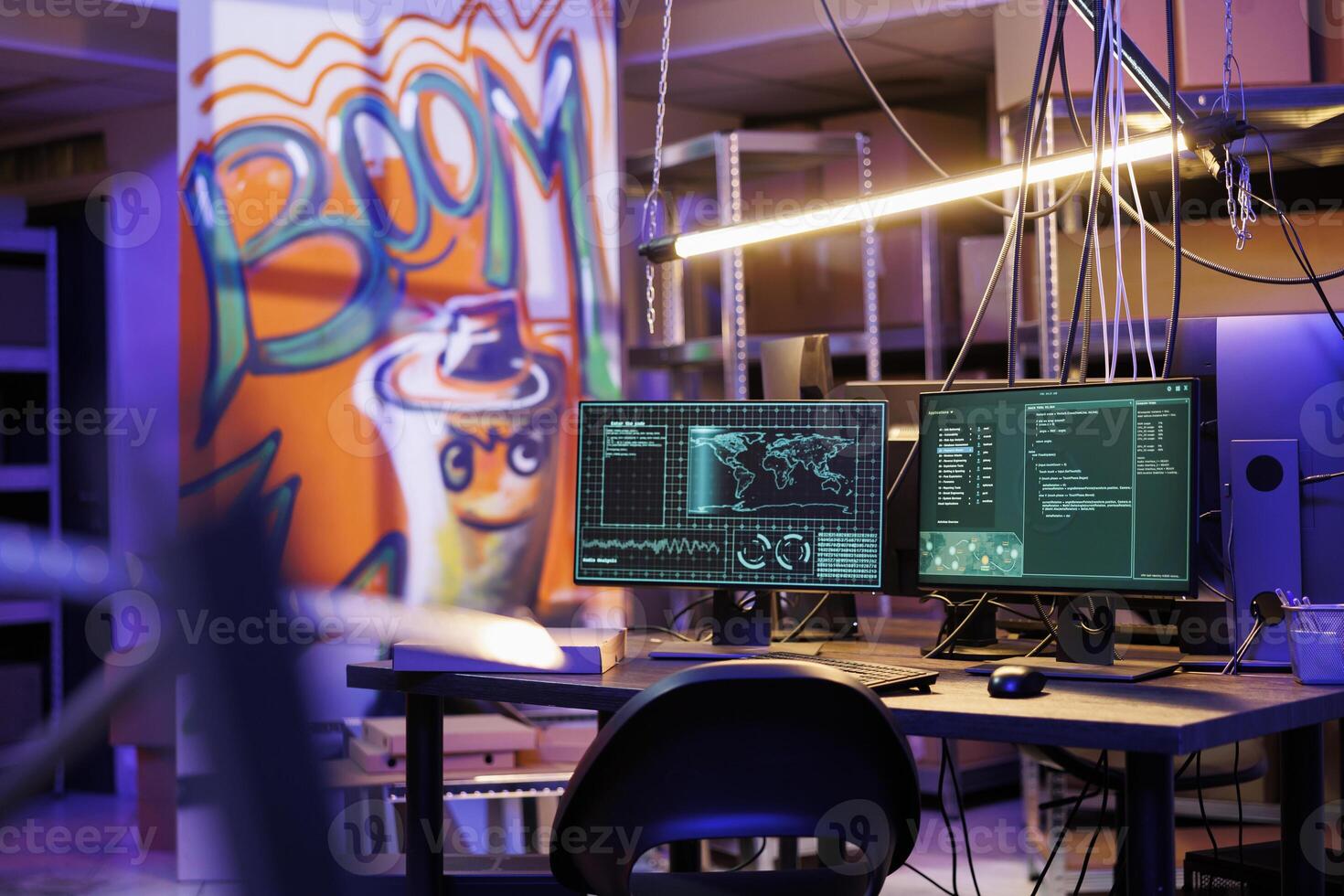 Hacker spyware breaching data on computer screens in dark hideout workspace. Malicious software breaking into server on multiple monitors in abandoned warehouse with graffiti at night time photo