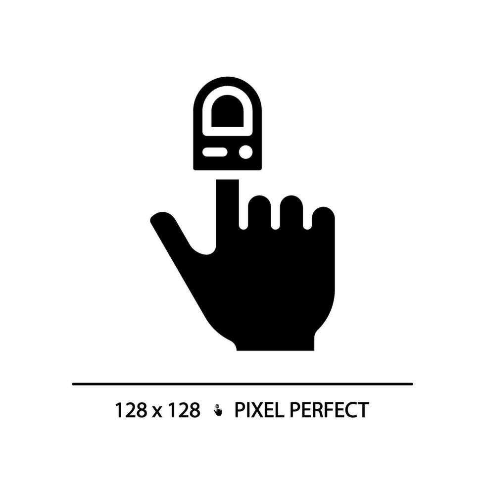 Pulse oximeter pixel perfect black glyph icon. Oxygen saturation. Heart rate. Health assessment. Medical test. Silhouette symbol on white space. Solid pictogram. Vector isolated illustration