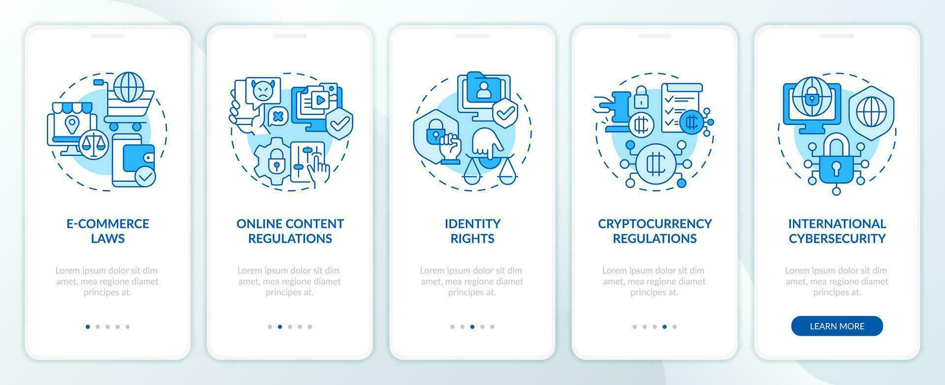 2D icons representing cyber law mobile app screen set. Walkthrough 5 steps blue graphic instructions with thin line icons concept, UI, UX, GUI template. vector