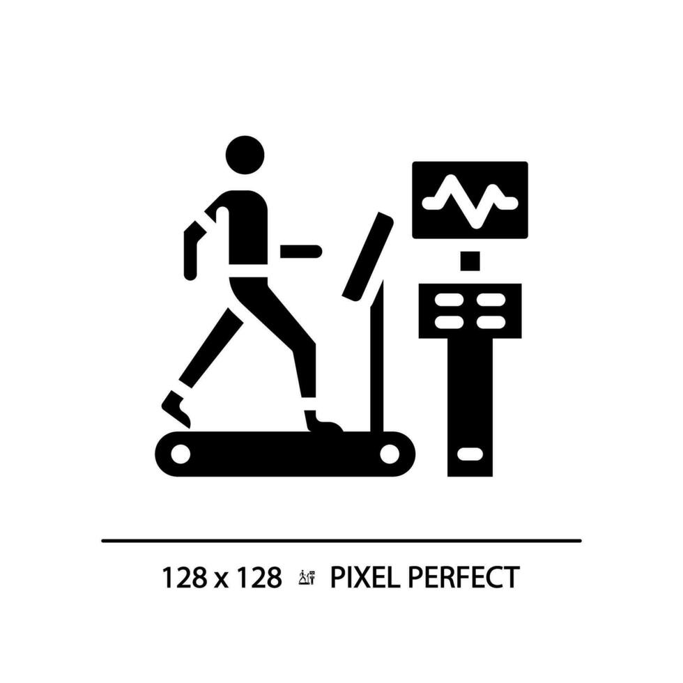 estrés prueba píxel Perfecto negro glifo icono. cardíaco salud. cardiovascular ejercicio. físico examen. médico evaluación. silueta símbolo en blanco espacio. sólido pictograma. vector aislado ilustración