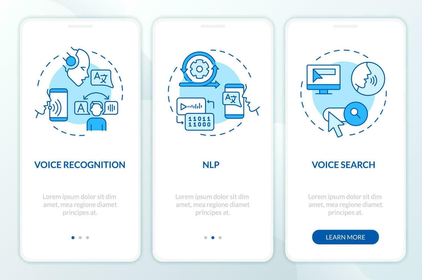 2D icons representing voice assistant mobile app screen set. Walkthrough 3 steps blue graphic instructions with line icons concept, UI, UX, GUI template. vector