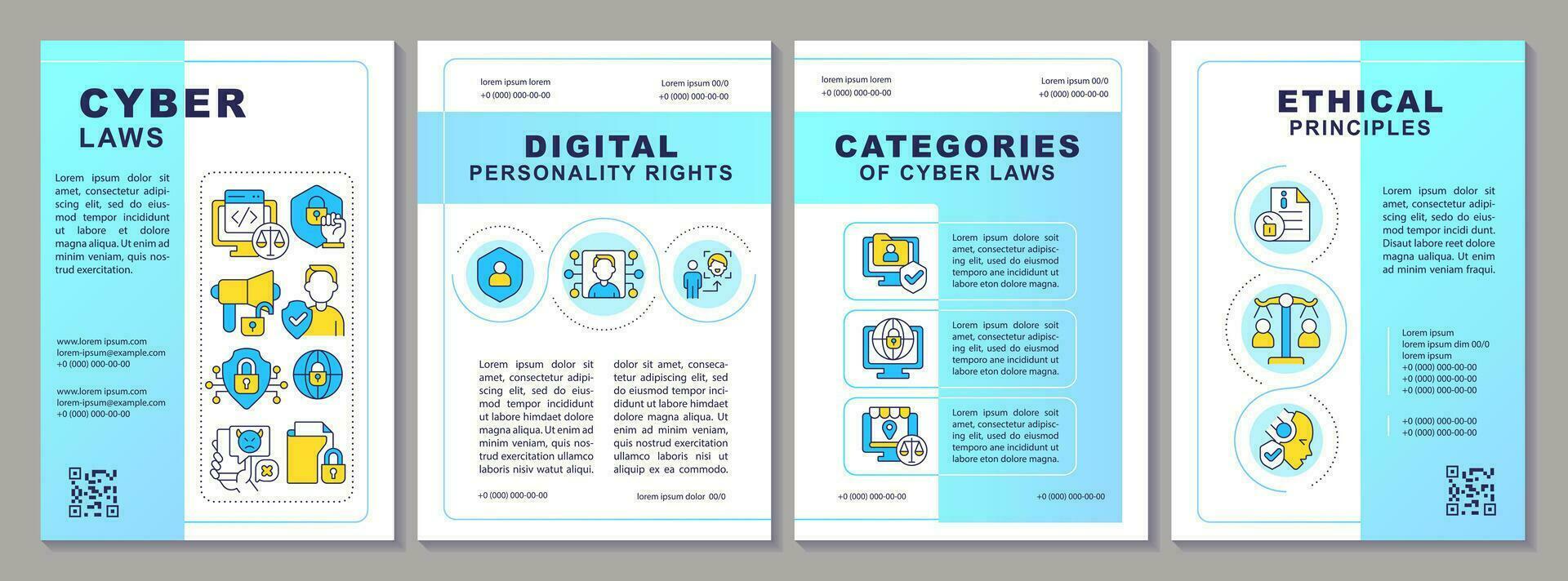 2D cyber law creative brochure template, leaflet design with thin line icons, 4 vector layouts.