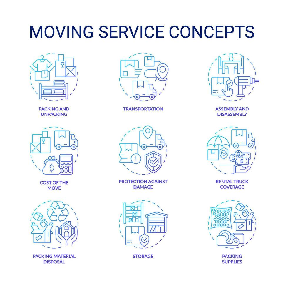 2D thin line gradient icons set representing moving service, isolated simple vector, illustration. vector