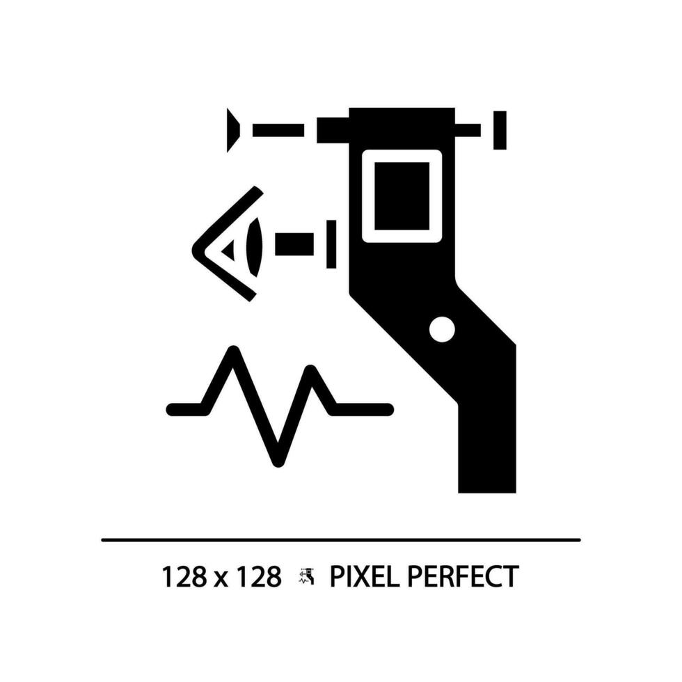 Eye tonometer pixel perfect black glyph icon. Ocular tonometry. Optical store. Vision test. Glaucoma treatment. Silhouette symbol on white space. Solid pictogram. Vector isolated illustration