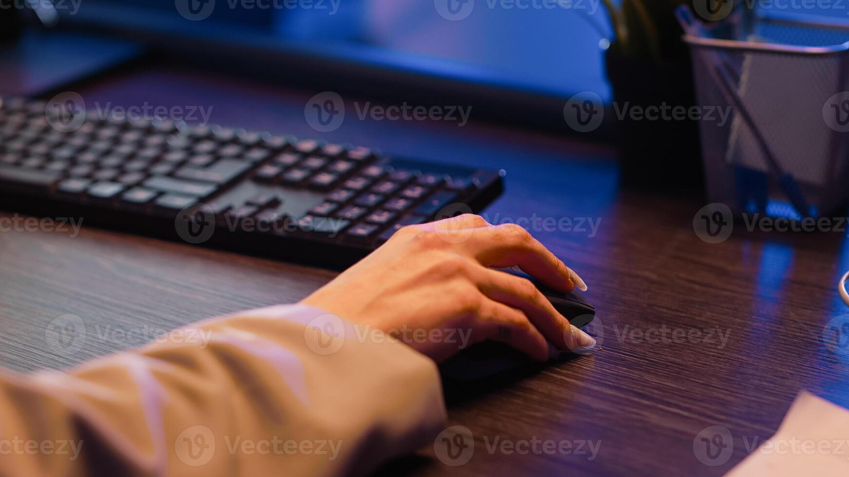 Female worker typing marketing report online, working on investment strategy for business development. Management advisor checking financial statistics and analytics at desk. Close up. photo