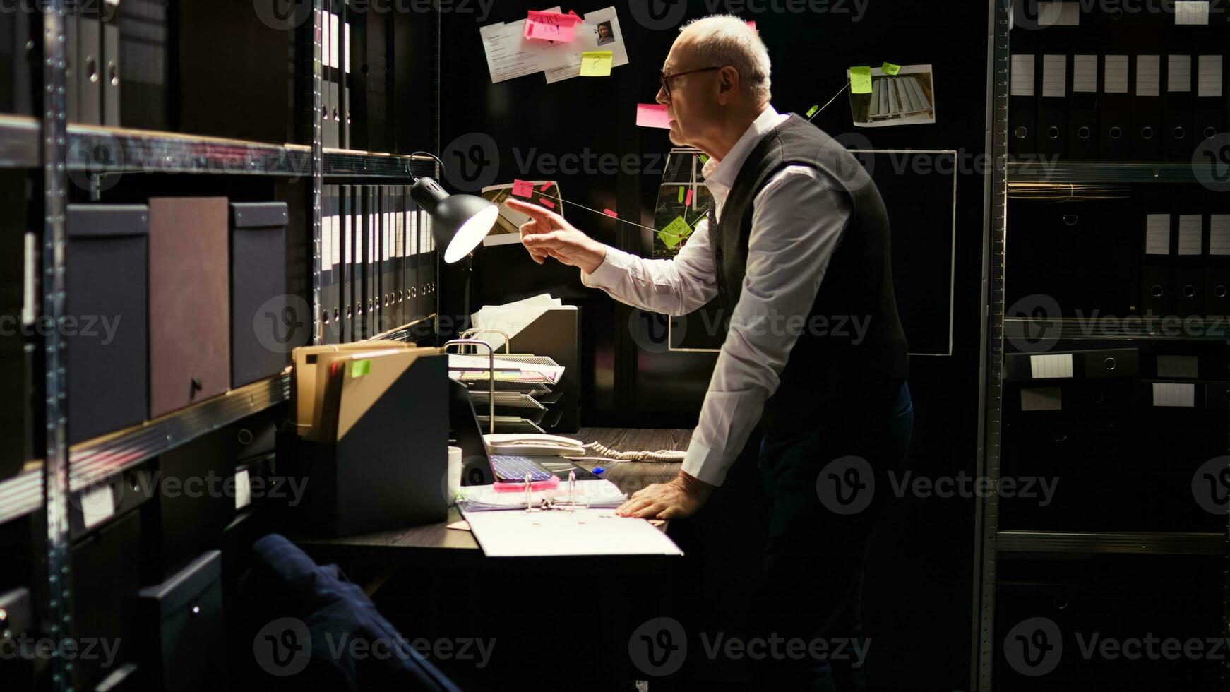 Private detective conducts investigation in incident room, looking at clues on board to connect the dots and solve case. Man police officer reviewing forensic evidence, confidential records. photo