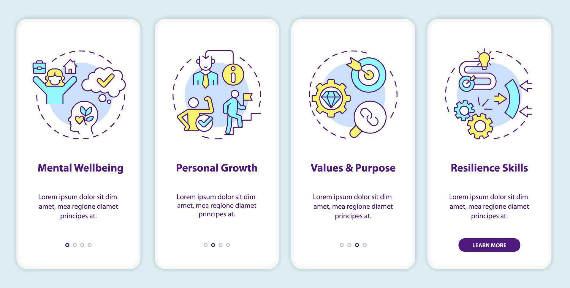 2D icons representing mindful entrepreneurship mobile app screen set. Walkthrough 4 steps colorful graphic instructions with thin line icons concept, UI, UX, GUI template. vector