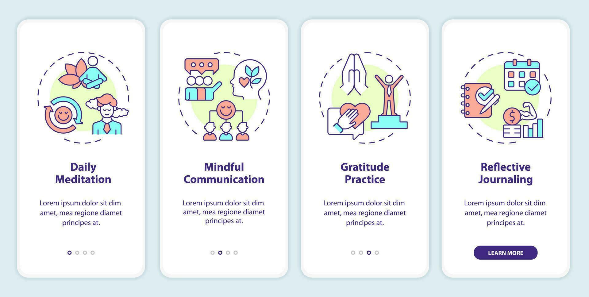 2D icons representing mindful entrepreneurship mobile app screen set. Walkthrough 4 steps colorful graphic instructions with line icons concept, UI, UX, GUI template. vector