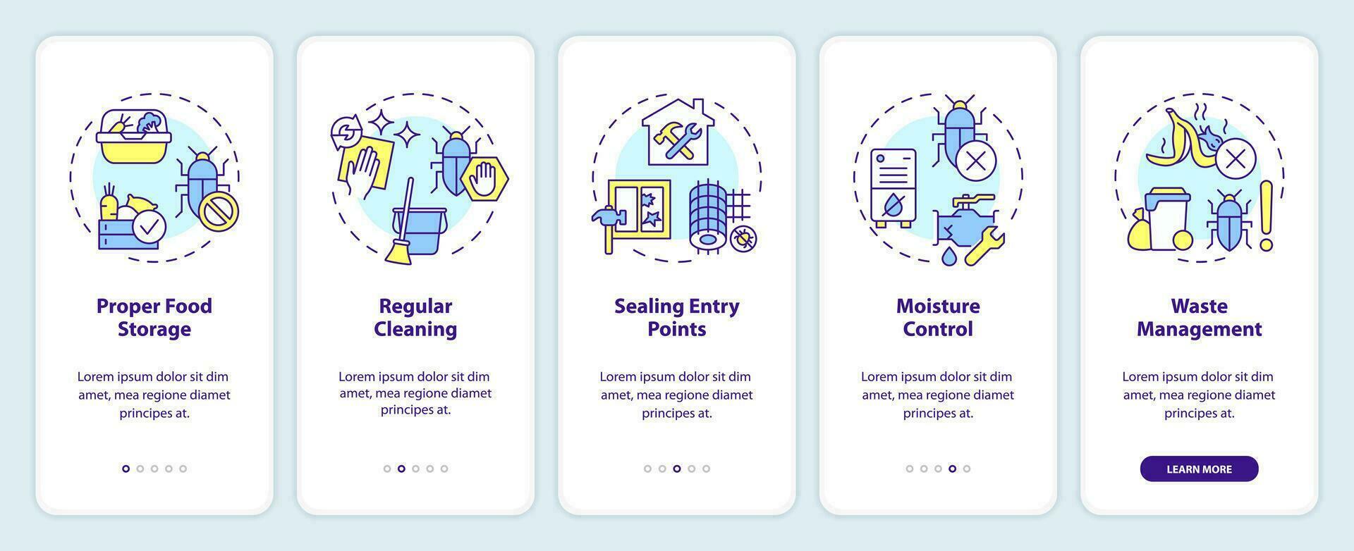 2D icons representing integrated pest management mobile app screen set. Walkthrough 5 steps colorful graphic instructions with line icons concept, UI, UX, GUI template. vector