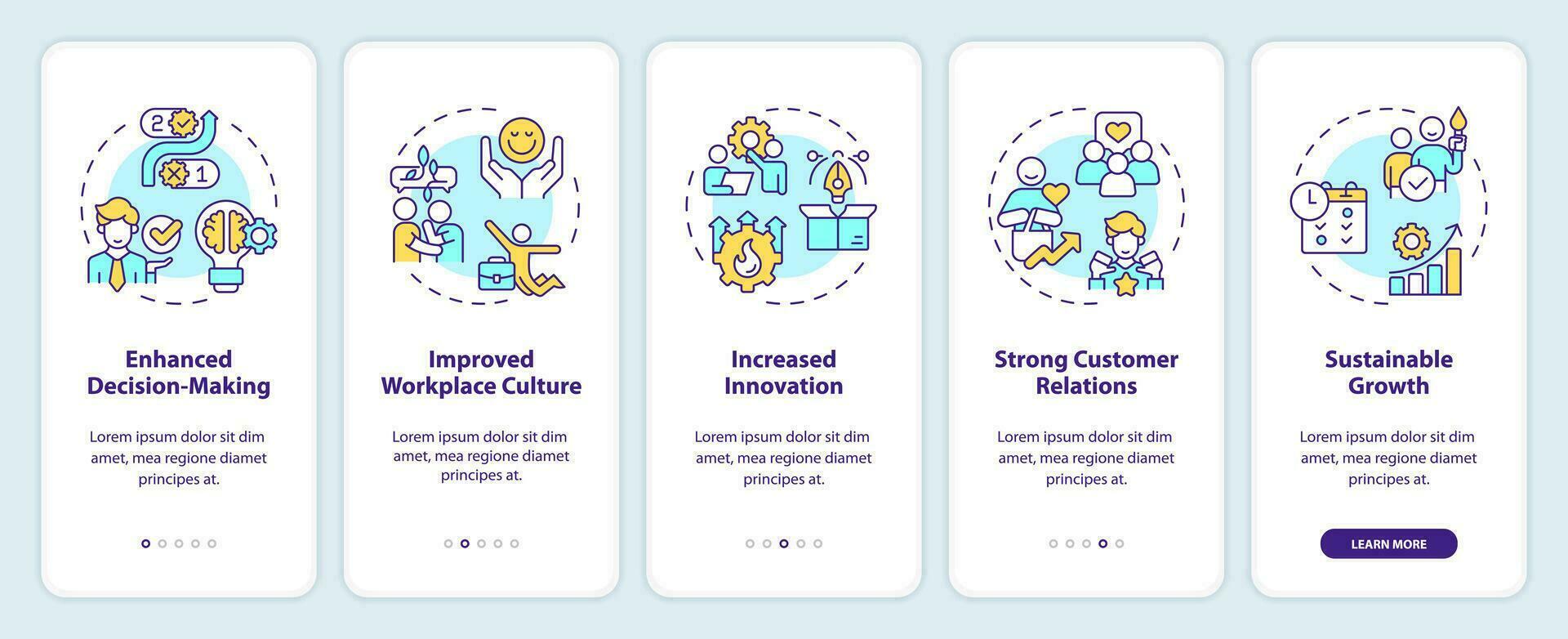 2d íconos representando consciente de emprendimiento móvil aplicación pantalla colocar. recorrido 5 5 pasos multicolor gráfico instrucciones con Delgado línea íconos concepto, ui, ux, gui modelo. vector