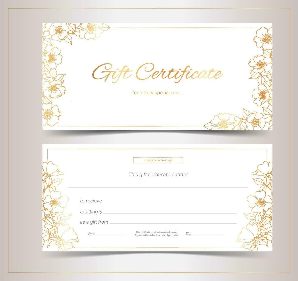 Elegant gift certificates with flowers. Golden sakura blooms on a light background. Gift voucher template for spa, cosmetics, beauty, restaurants vector