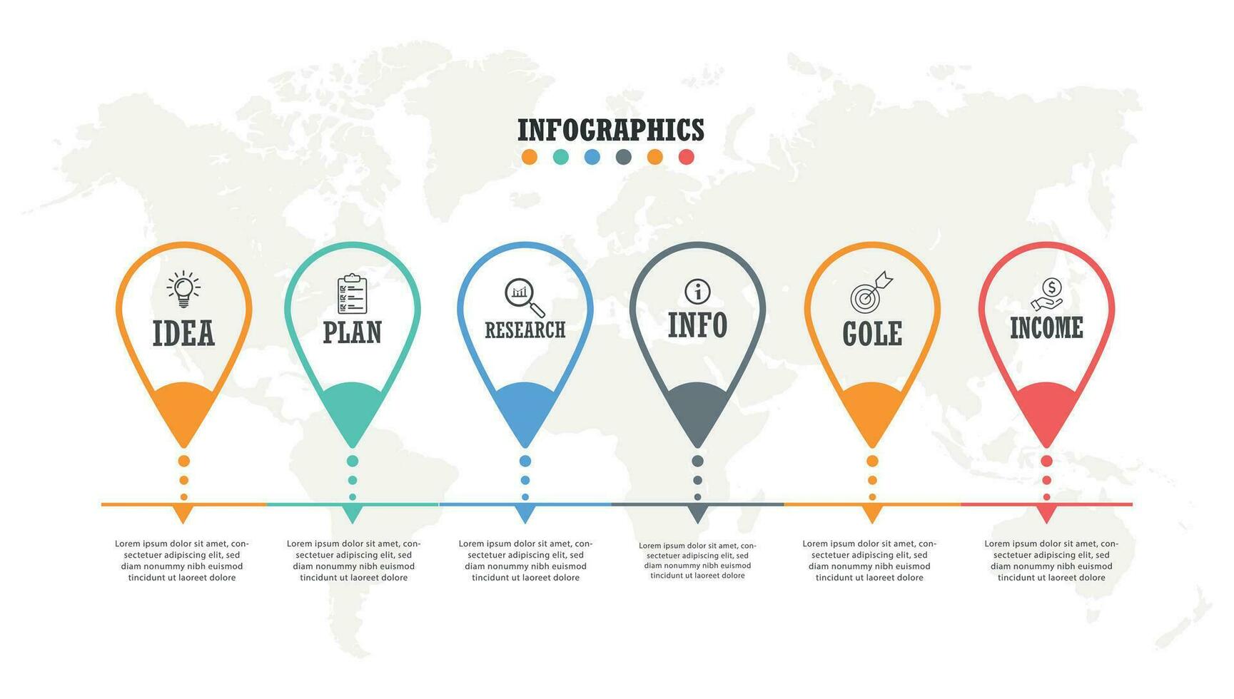 Business process. Timeline infographics with 6 steps, options. Vector template.