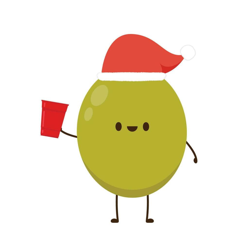 aceituna en escabeche vector. aceituna en escabeche personaje diseño. Papa Noel sombrero. rojo cerveza taza vector. vector