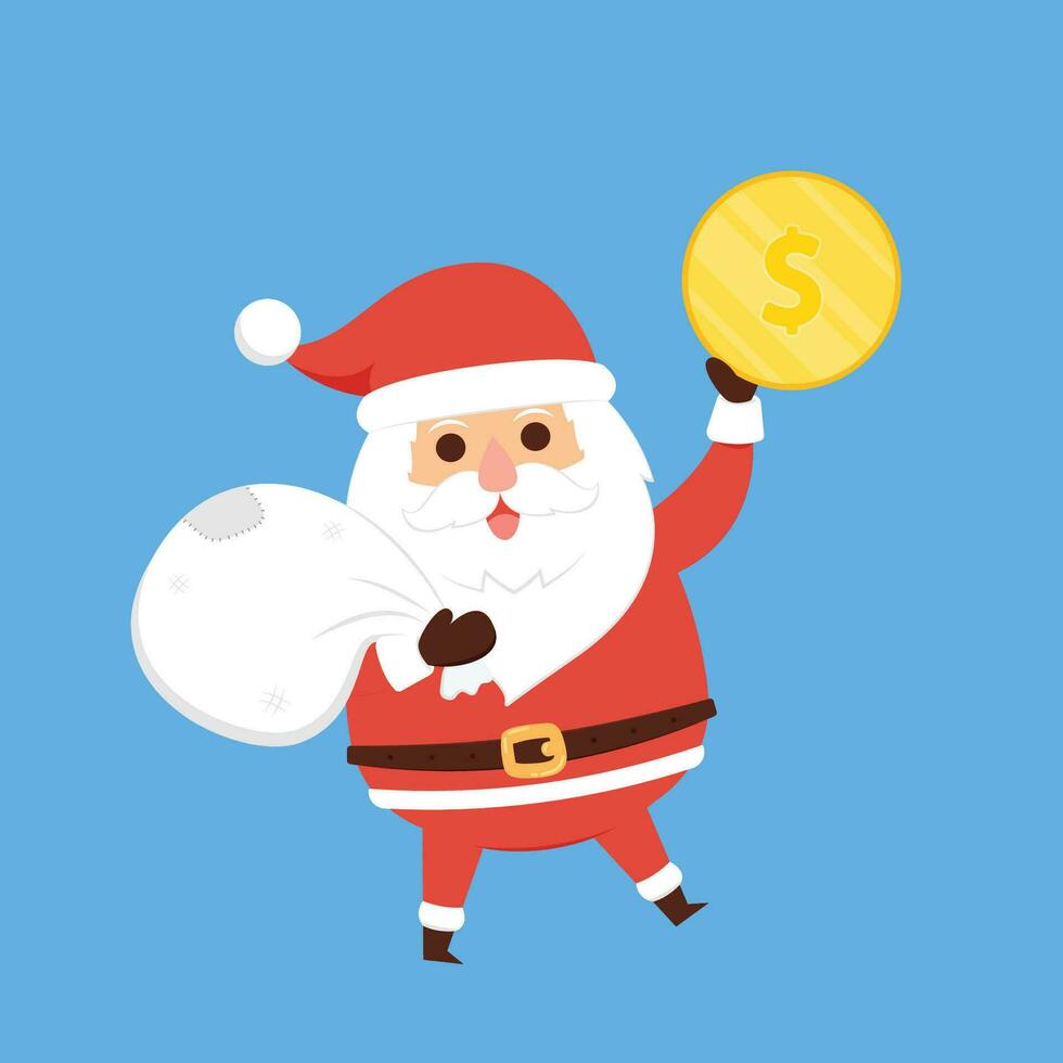 Cartoon Christmas illustrations isolated on pastel. Funny happy Santa Claus character with gift, bag with presents, waving and greeting. For Christmas cards, banners. vector