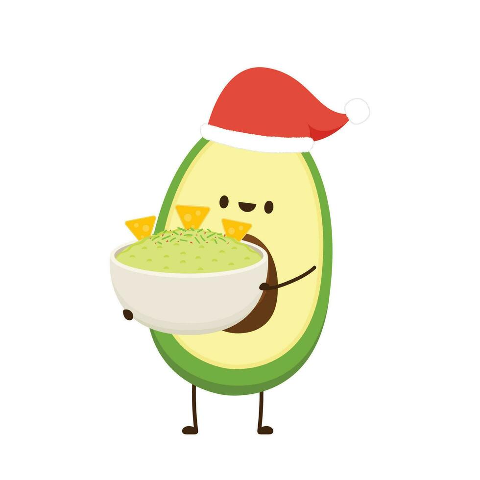 Avocado in Santa hat. Nacho dip in bowl. Nacho vector. Avocado dip. Avocado character design. vector