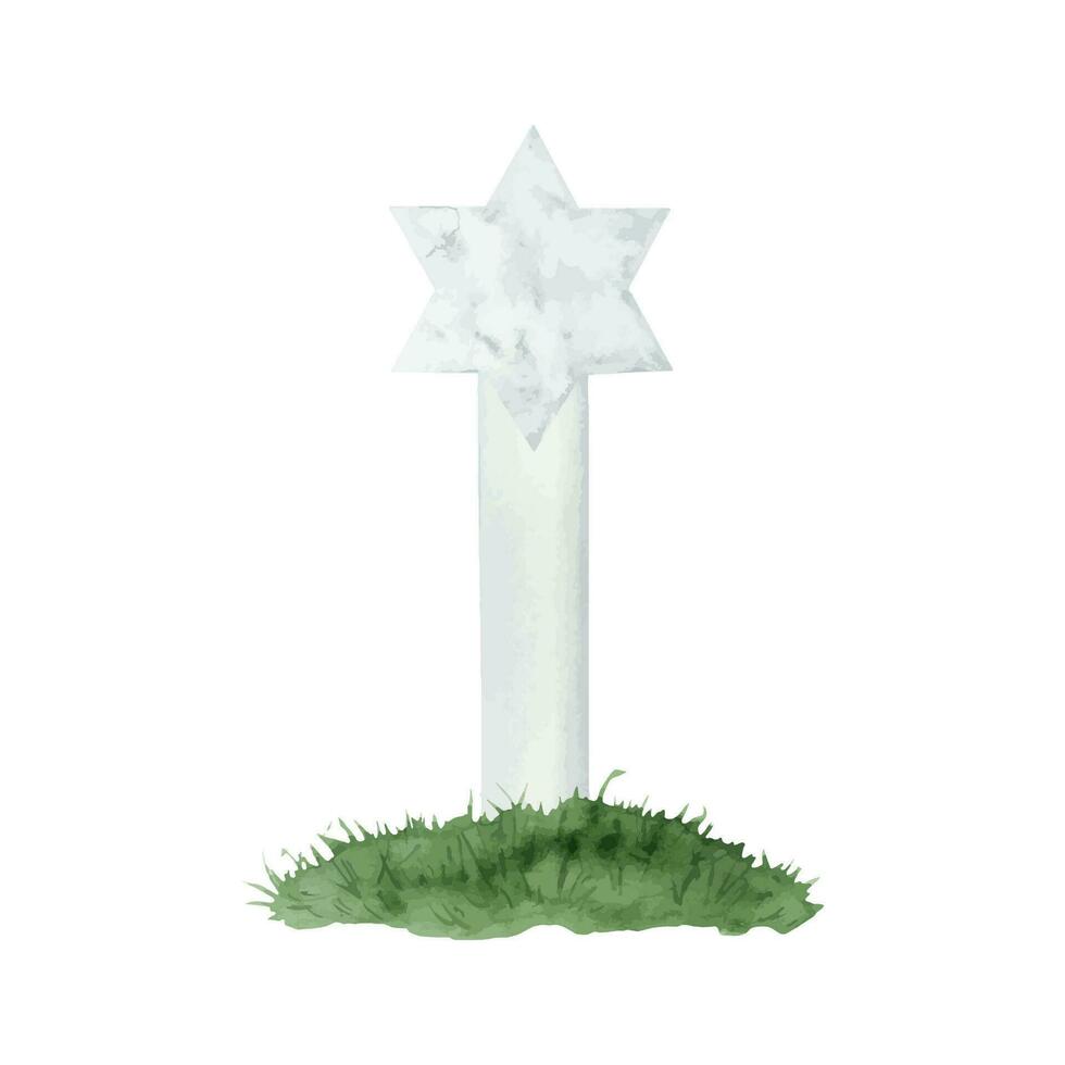 White marble tombstone with star of David for Jewish military cemetery on grass hill template watercolor vector illustration