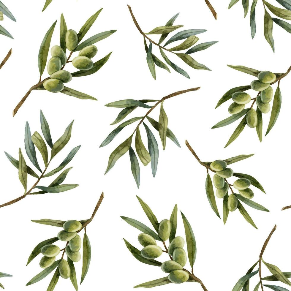 Green olive tree branches with leaves and fruits watercolor seamless pattern background. Hand drawn olives botanical illustration for product design, print, fabrics and wrapping vector