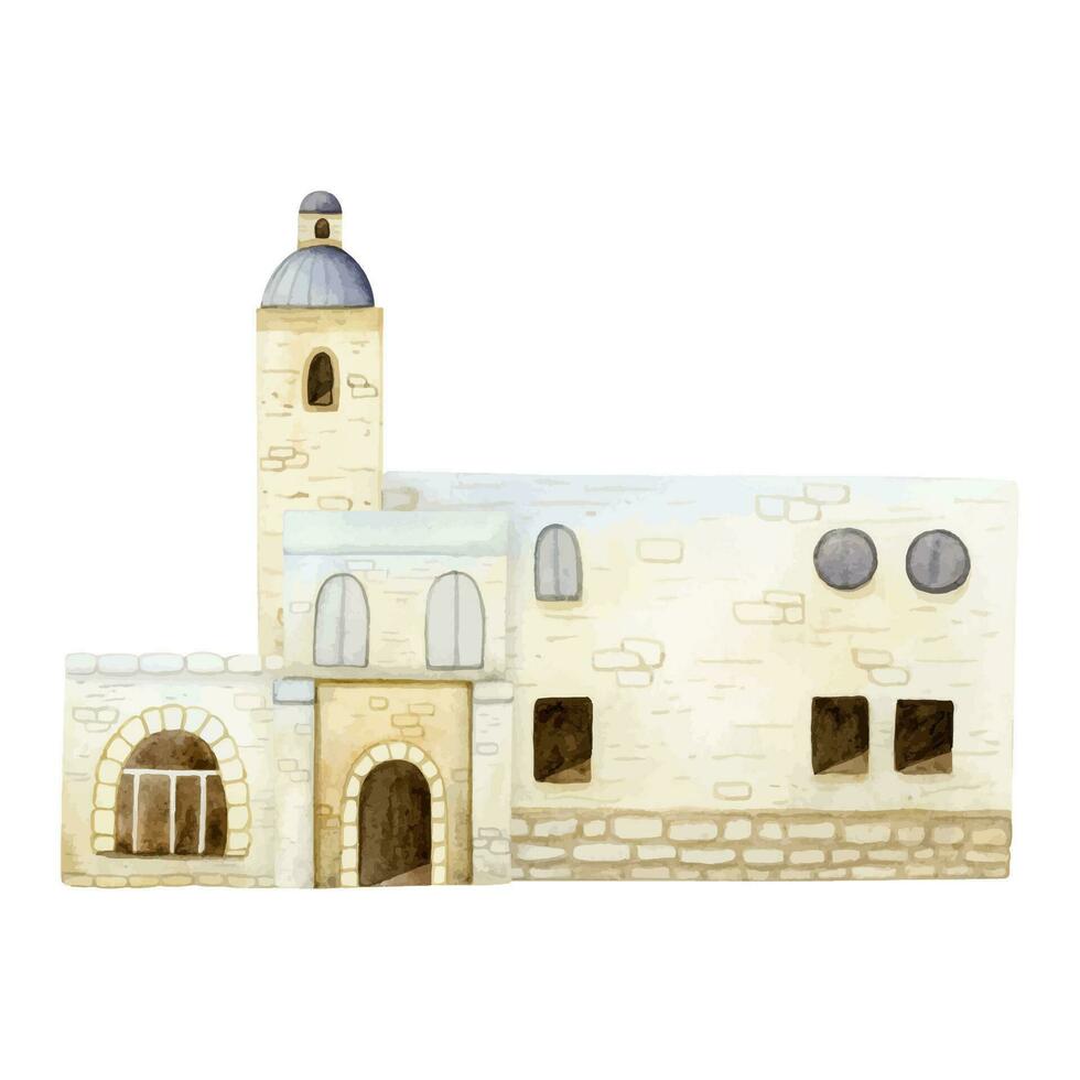 Old city houses of Jerusalem or antique Arabic country watercolor illustration. Mediterranean Europe architecture vector