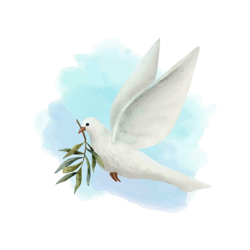 White Dove of Peace with olive tree twig on pastel blue sky background watercolor vector illustration. Flying pigeon bird