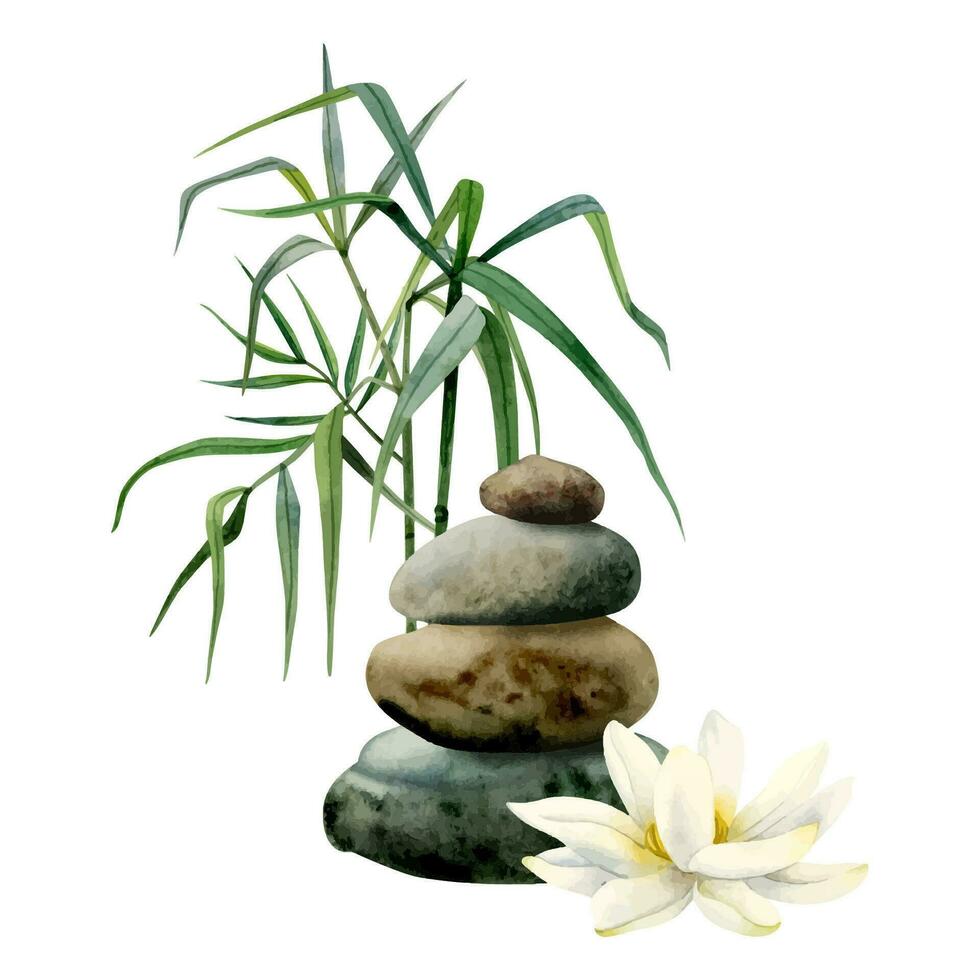 Lotus flower with balanced stones pyramid bamboo vector