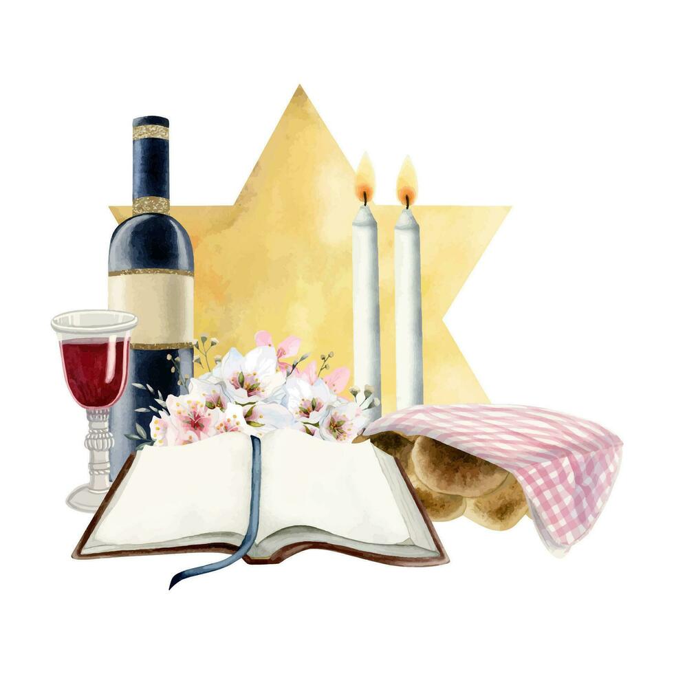 Jewish Shabbat scene with open Torah book, gold star of David, two candles, challah with cover, red wine glass bottle watercolor vector illustration