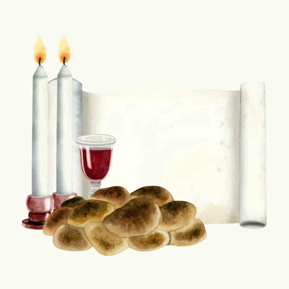 Watercolor Shabbat challah, two burning candles, red wine glass, blank Torah scroll vector illustration for Saturday ceremony