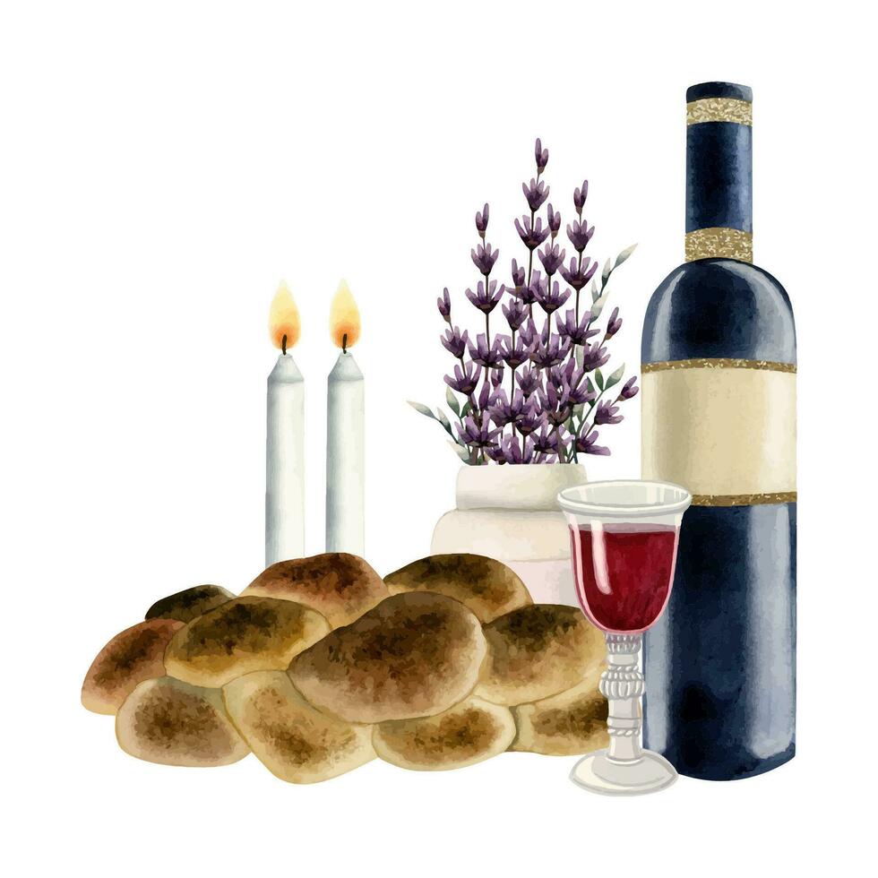 Jewish faith Shabbat scene with two burning candles, challah, lavender flowers bouquet and red wine glass watercolor vector illustration