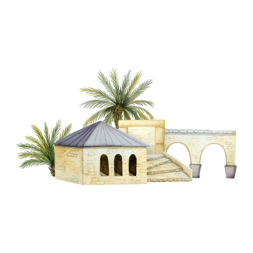 Old stone houses with palm trees, stairs and arches watercolor illustration. City quarter. Mediterranean Romanian Europe vector