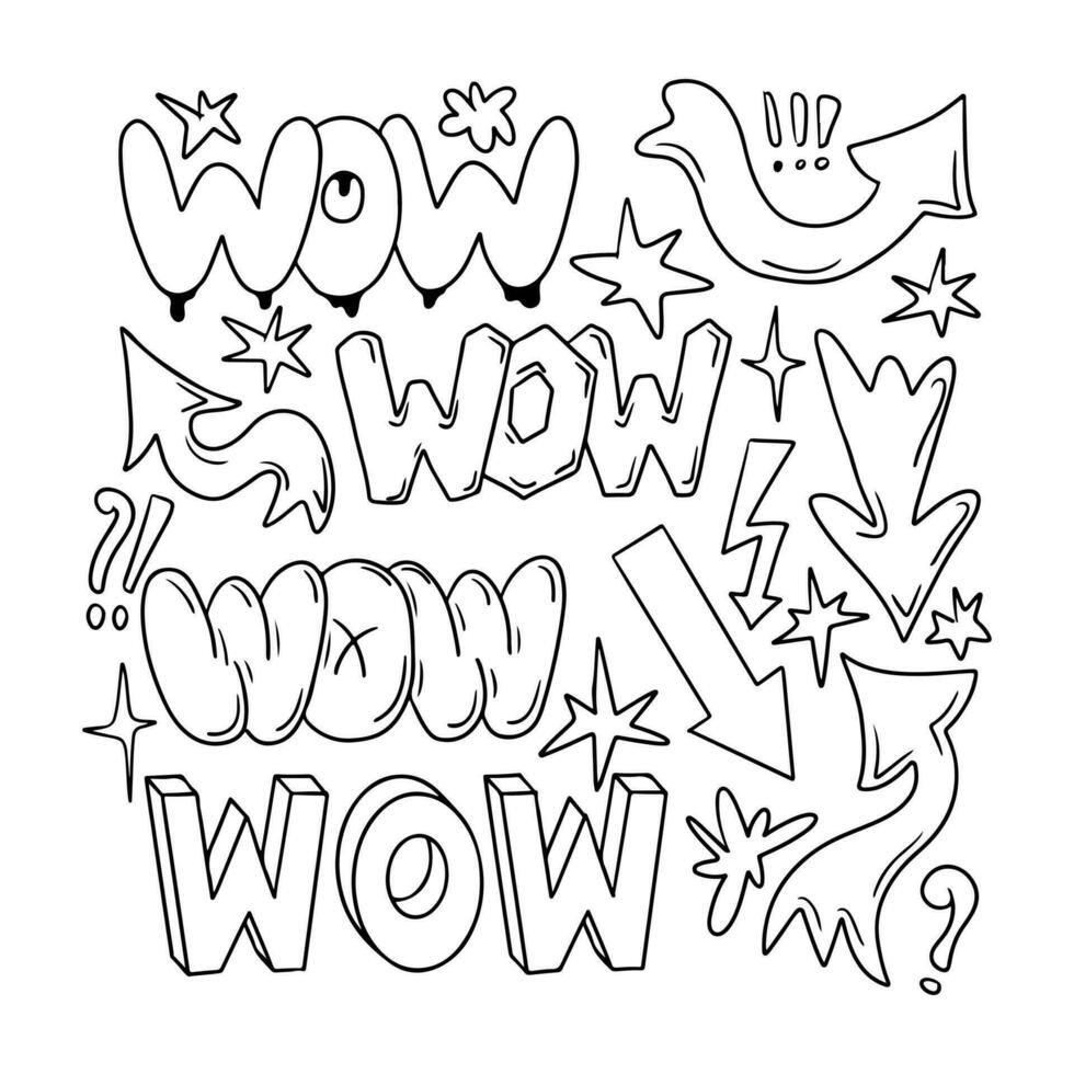 Outline sketch set with word WOW and arrows in retro 90s style. Clipart of hand drawn words, arrows. Black contour doodle signs and words in bubble, street style graffiti. Perfect for social media vector
