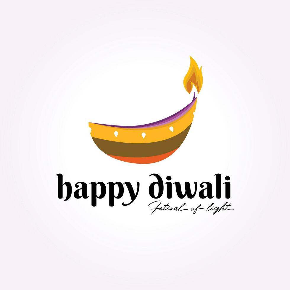 happy diwali logo design vector, vintage illustration of deepavali diya candle light icon vector