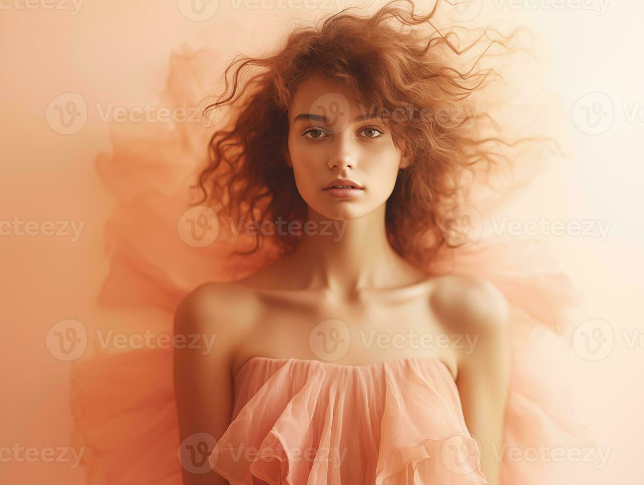 AI generated A young woman in a peach fuzz colored dress, on a background of peach fuzz color. Photorealistic illustration. AI generated. photo