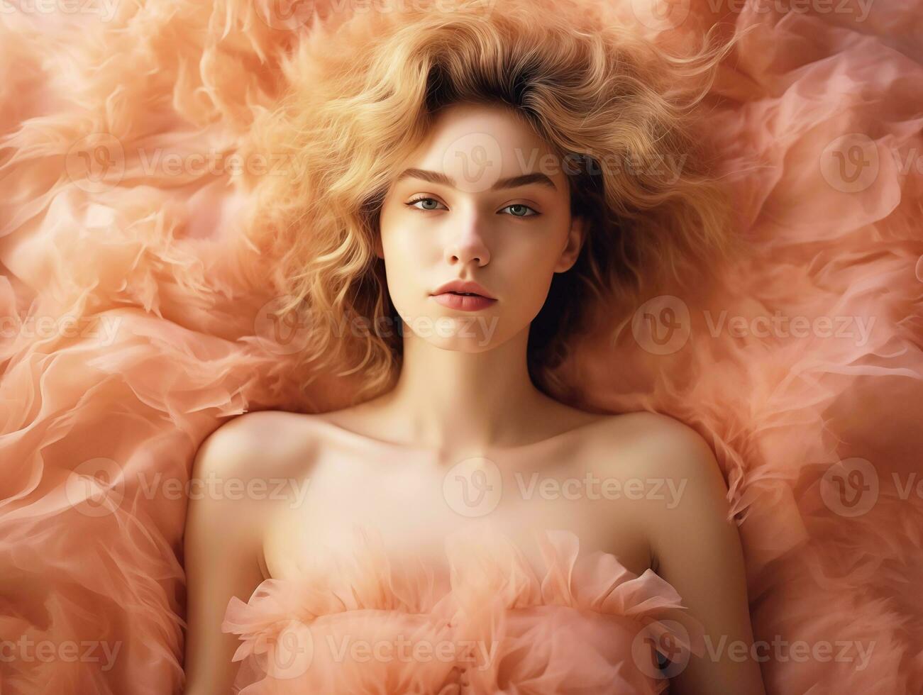 AI generated A young woman in a peach fuzz colored dress, on a background of peach fuzz color. Photorealistic illustration. AI generated. photo