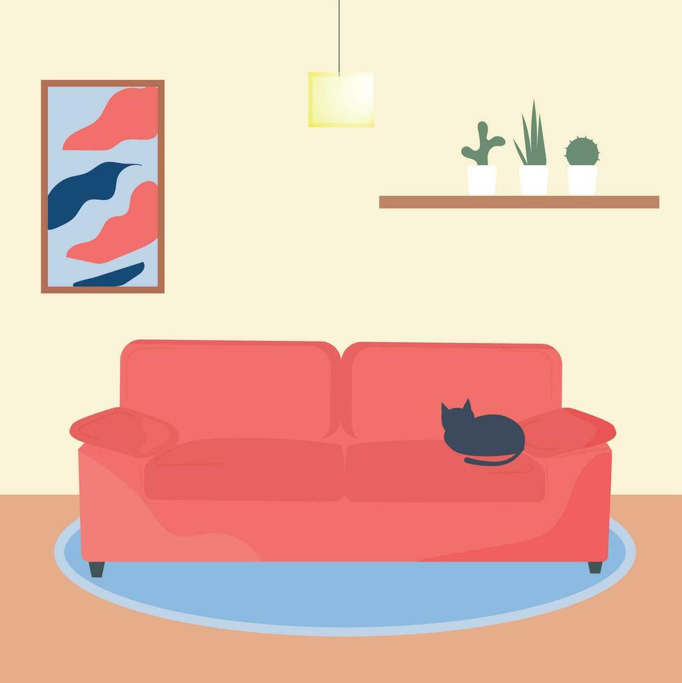 habitación antecedentes. vector habitación con sofá y gato