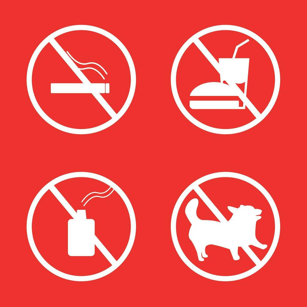 señales prohibir de fumar, No comida permitido y No perros permitido vector