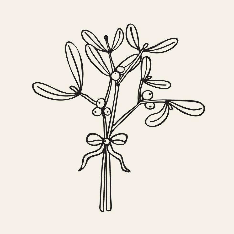 Mistletoe illustration. Hand drawn vector illustration of branch with leaves and flower of Mistle plant. Medicinal and magical plant, Christmas flower, amulet. Design for print, design, card, paper