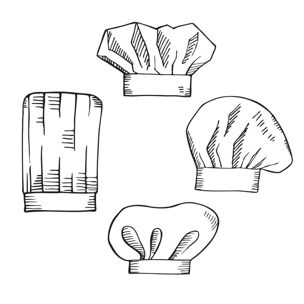 Chef hat sketch hand drawn vector illustration. Line art doodle with different types of chefs hats for design, logo, label, card, print, icon, paper. Symbol for cooking, restaurant, uniform, kitchener