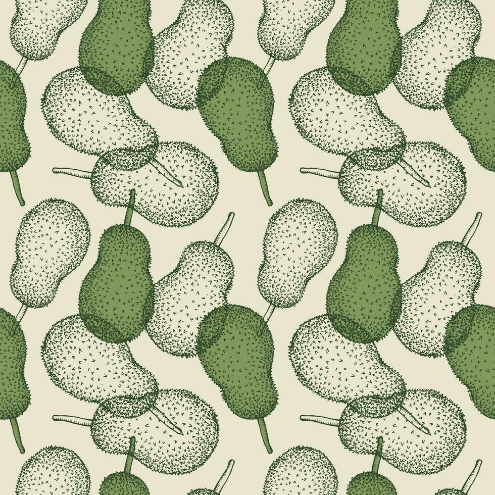 Jackfruit seamless pattern hand drawn vector illustration. Jackfruited repeating background with exotic fruits tropical fruit pulp. Food, harvest for label, print, design, wrapping, textile, paper