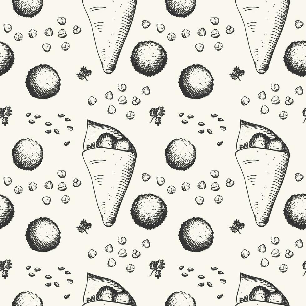 Falafel seamless pattern hand drawn vector engraved illustration. Vegetarian food, oriental cuisine. Repeating background with chickpea balls falafel shawarma, greenery, nuts. For menu, card, print