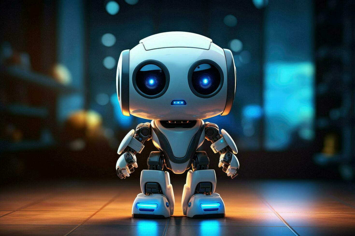 AI generated Modern futuristic baby robot with glowing eyes Ai generated photo