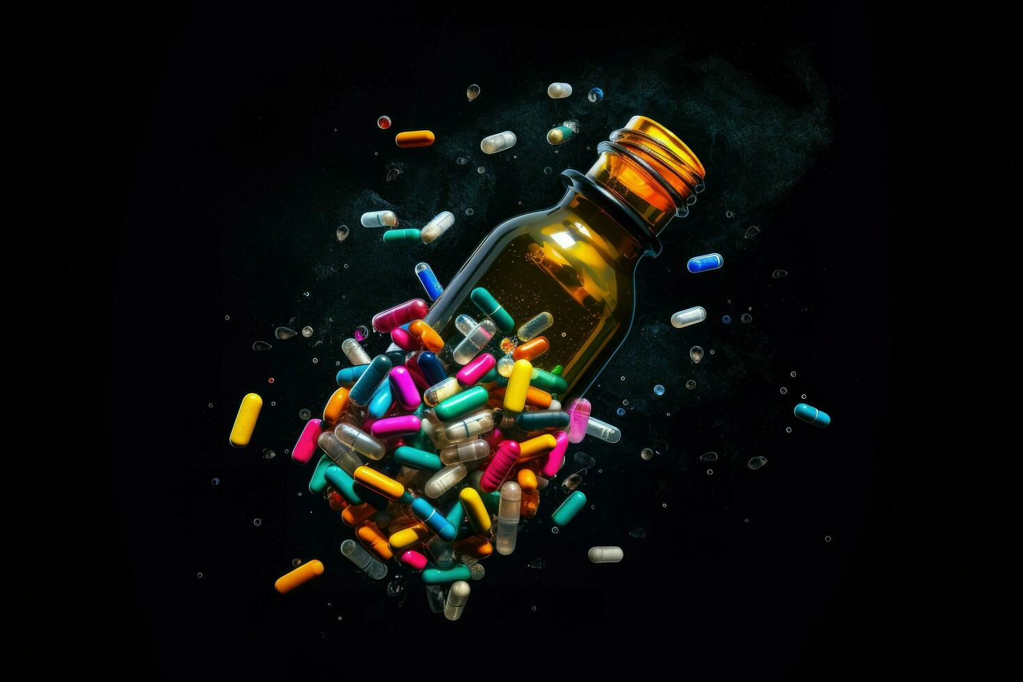AI generated Close up of colorful pills spilling out of a plastic bottle or glass jar on air . Ai generated photo