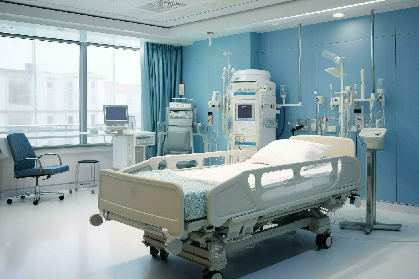 ai generado moderno hospital habitación con un cama, cómodo médico interior de un vacío hospital cama y recuperación habitación con cama ai generado foto