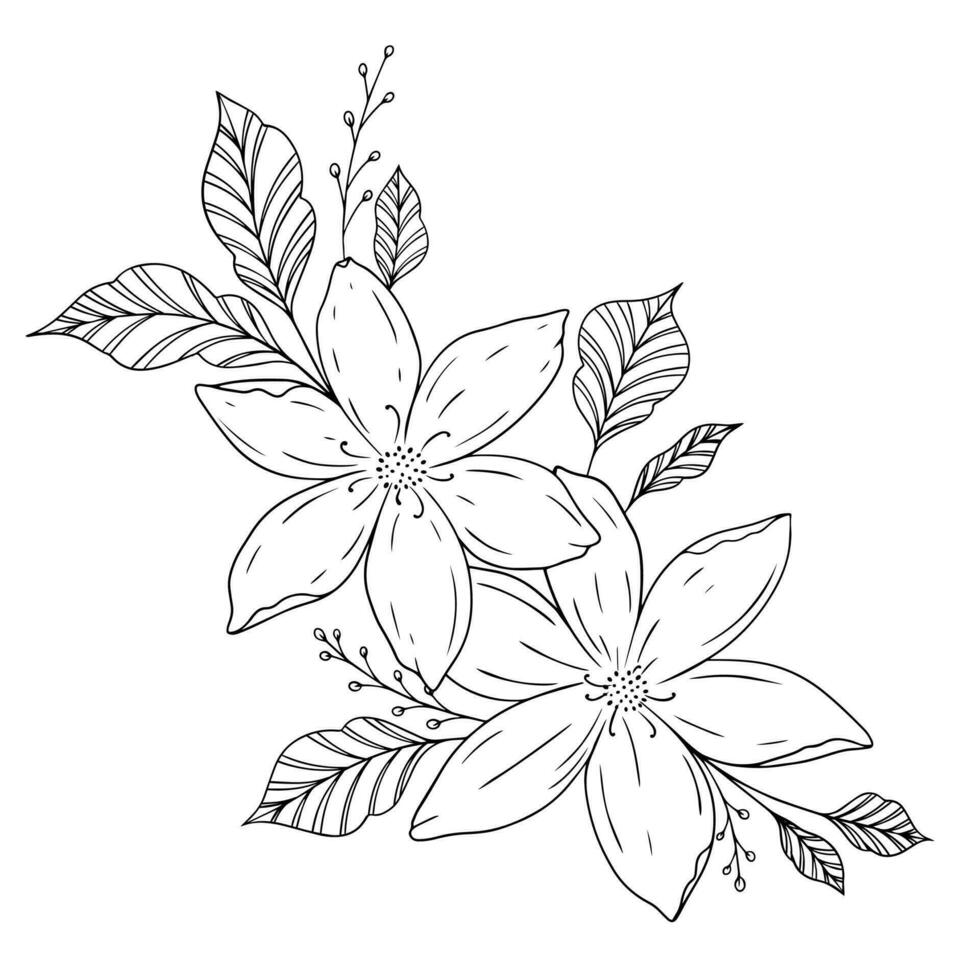 Vector line art and hand drawing flower art black and white flat design simple flower